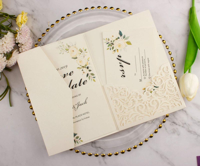 Lucky Star 25pcs 250GSM Pearl Ivory Wedding Invitations Cards Laser Cut Pocket Covers only, no envelope,no insert 5x7 - Image 3